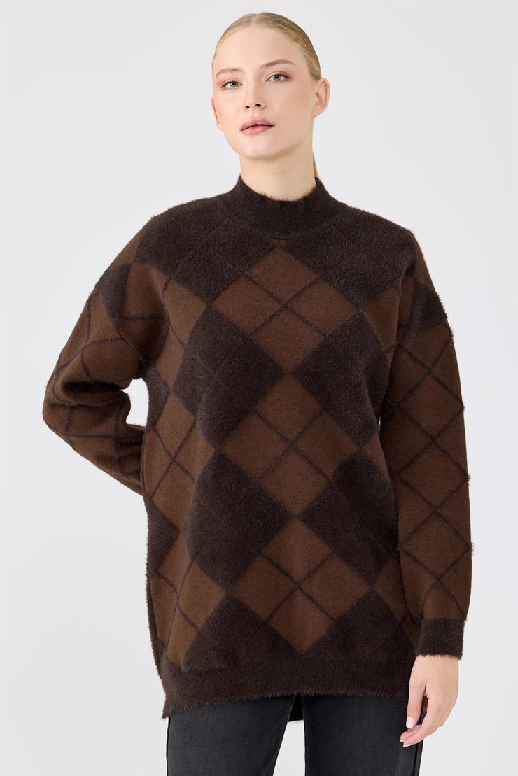 BAKLAVA DESENLİ MİNK TUNİK KAHVE