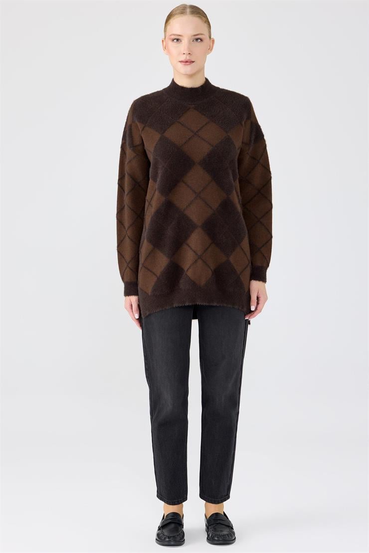 BAKLAVA DESENLİ MİNK TUNİK KAHVE