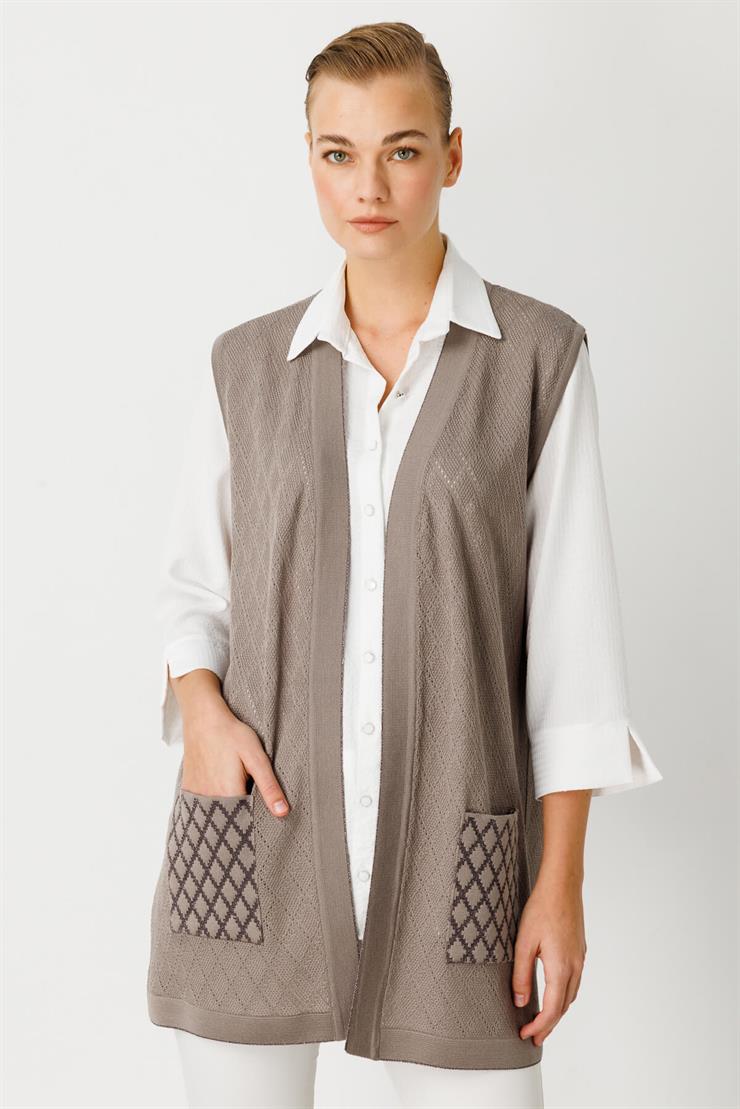 Baklava Desen Ajurlu Triko Kısa Yelek-Koyu Vizon