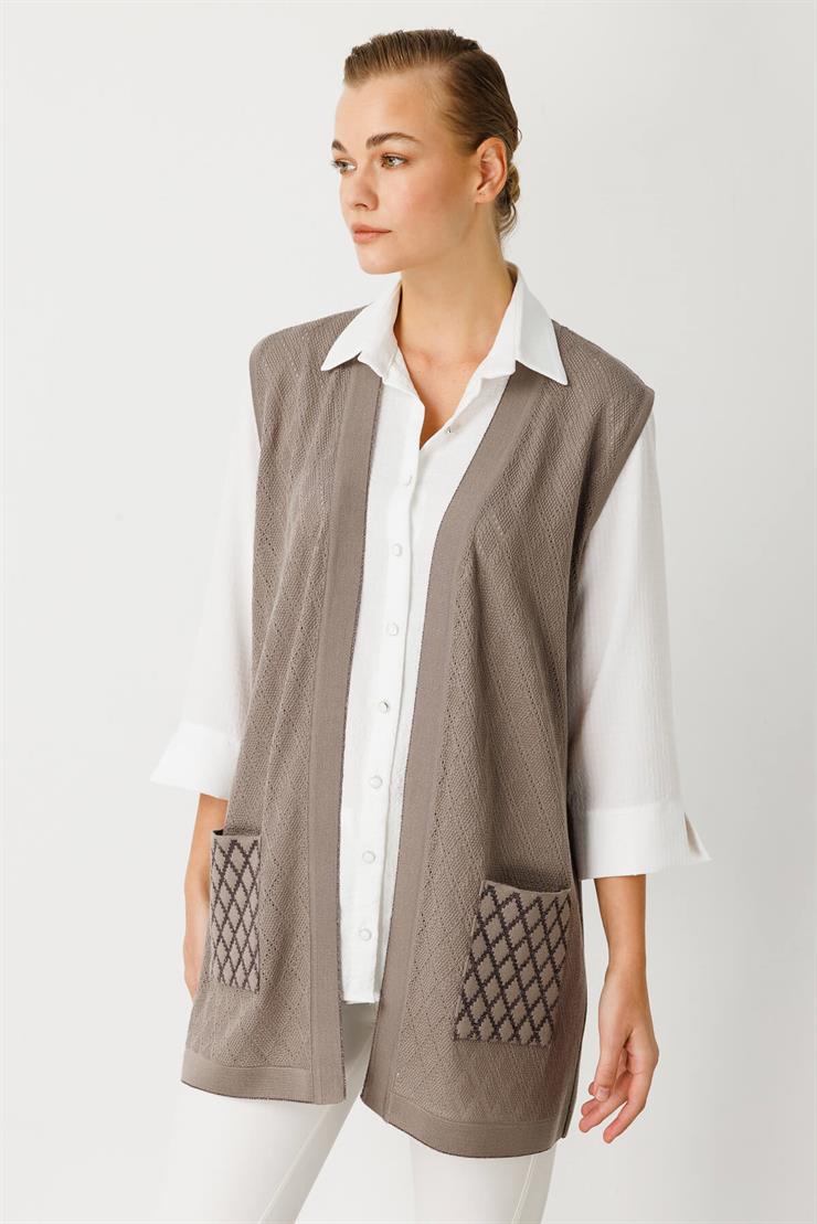 Baklava Desen Ajurlu Triko Kısa Yelek-Koyu Vizon
