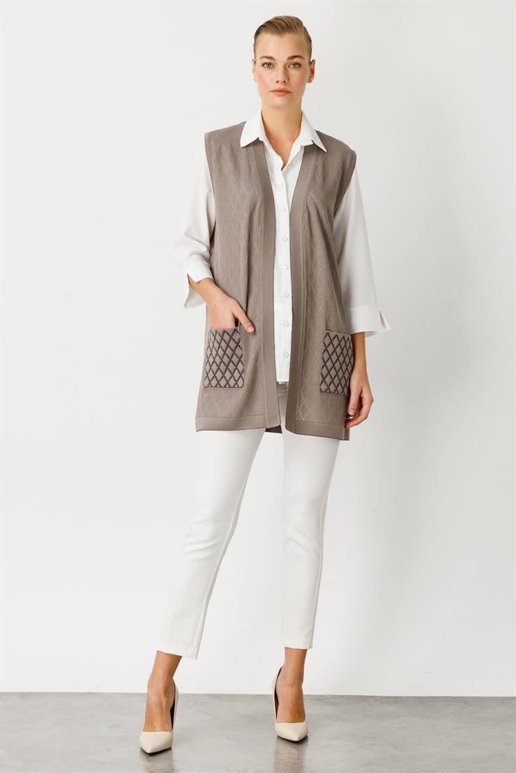 Baklava Desen Ajurlu Triko Kısa Yelek-Koyu Vizon