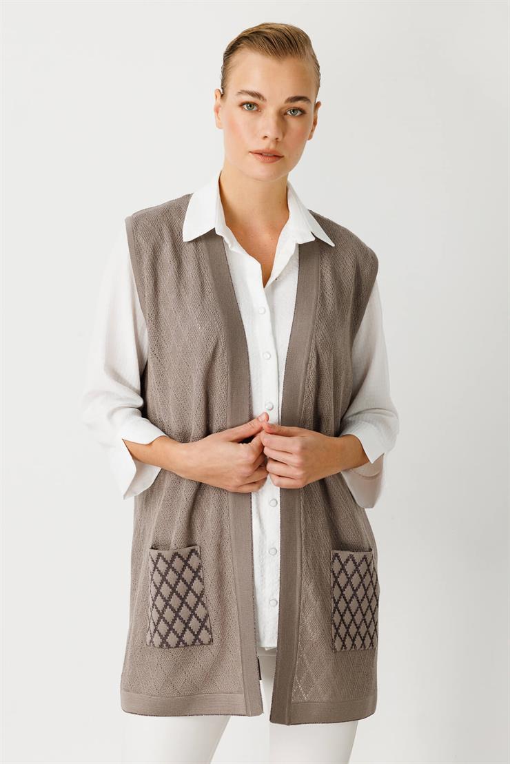 Baklava Desen Ajurlu Triko Kısa Yelek-Koyu Vizon