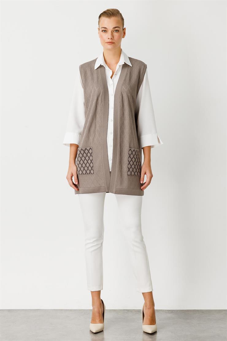 Baklava Desen Ajurlu Triko Kısa Yelek-Koyu Vizon