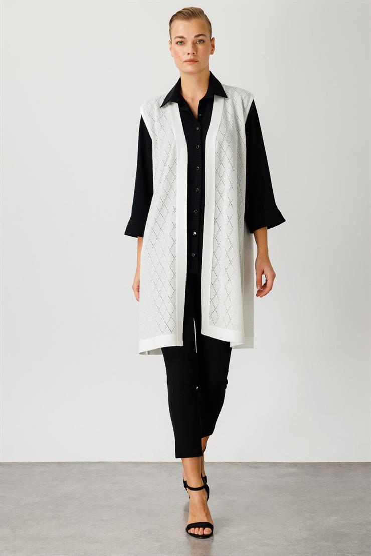 Baklava Desen Ajurlu Triko Uzun Yelek-EKRU