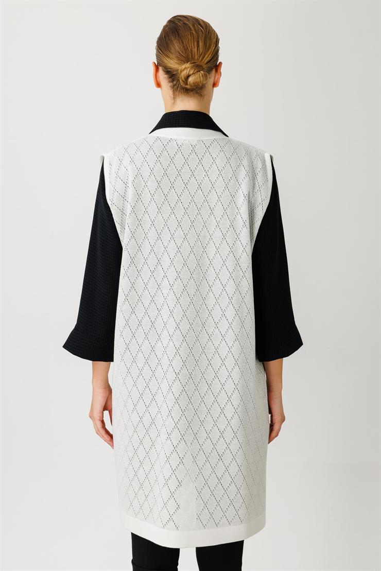 Baklava Desen Ajurlu Triko Uzun Yelek-EKRU