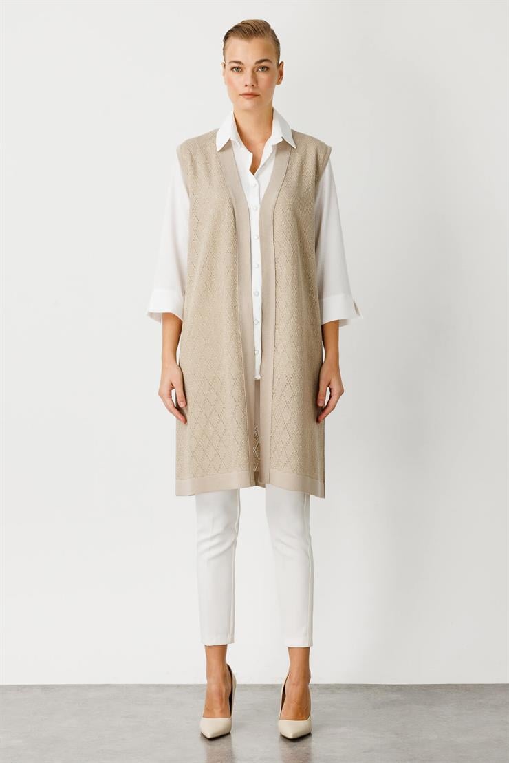 Baklava Desen Ajurlu Triko Uzun Yelek-Vizon