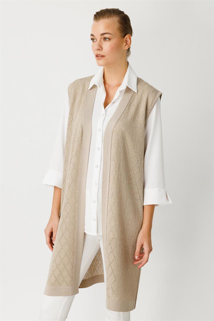 Baklava Desen Ajurlu Triko Uzun Yelek-Vizon