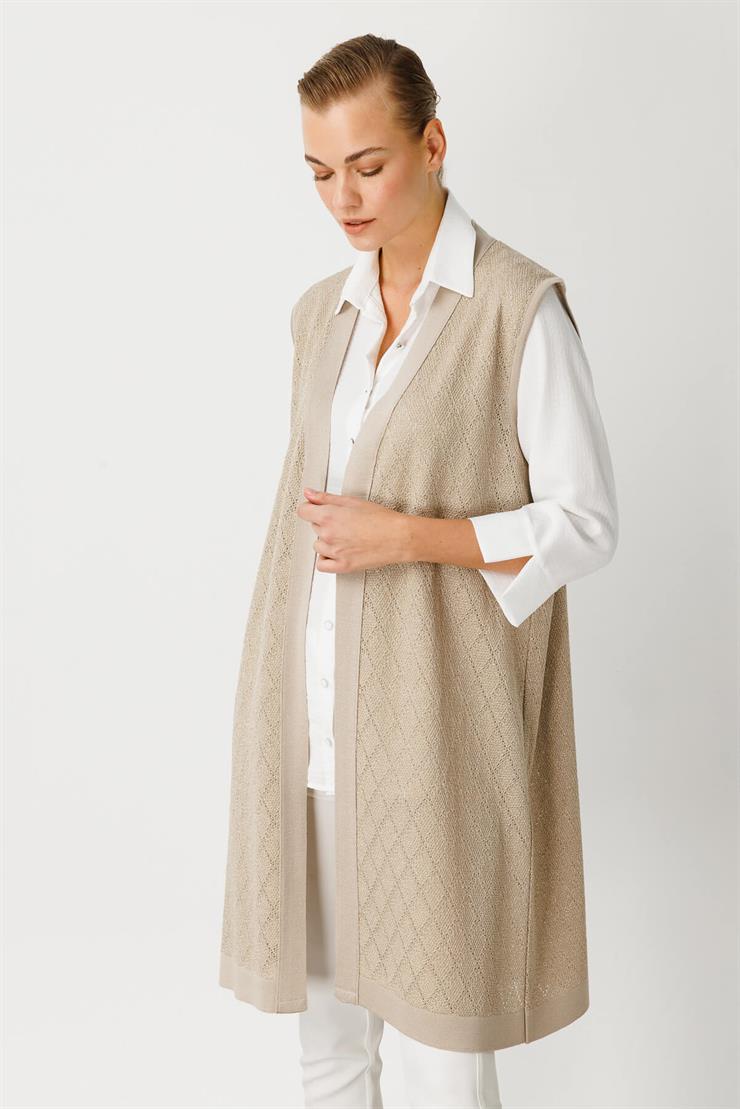 Baklava Desen Ajurlu Triko Uzun Yelek-Vizon