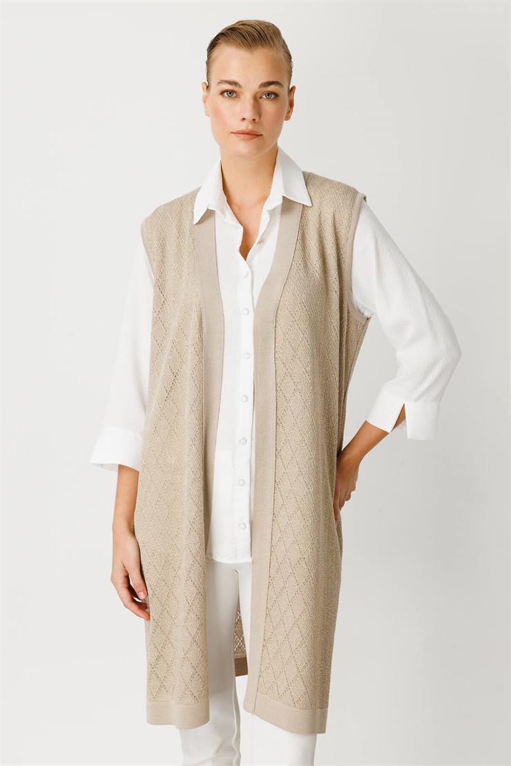 Baklava Desen Ajurlu Triko Uzun Yelek-Vizon