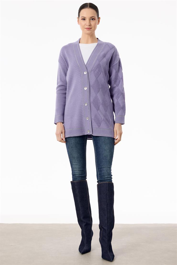 Baklava Deseni Havlu Örgülü Triko Hırka LİLA