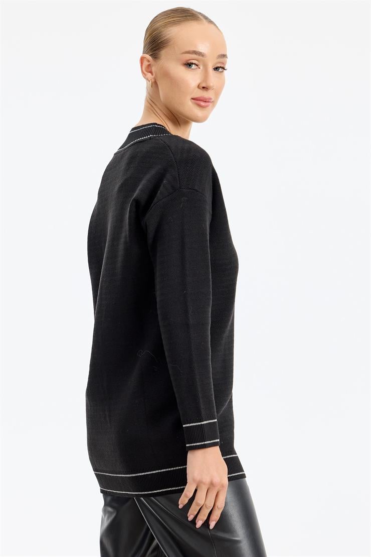 Baklava Deseni Havlu Örgülü Triko Hırka SİYAH