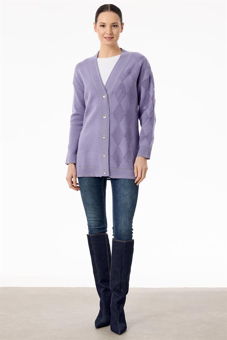 Baklava Deseni Havlu Örgülü Triko Hırka LİLA