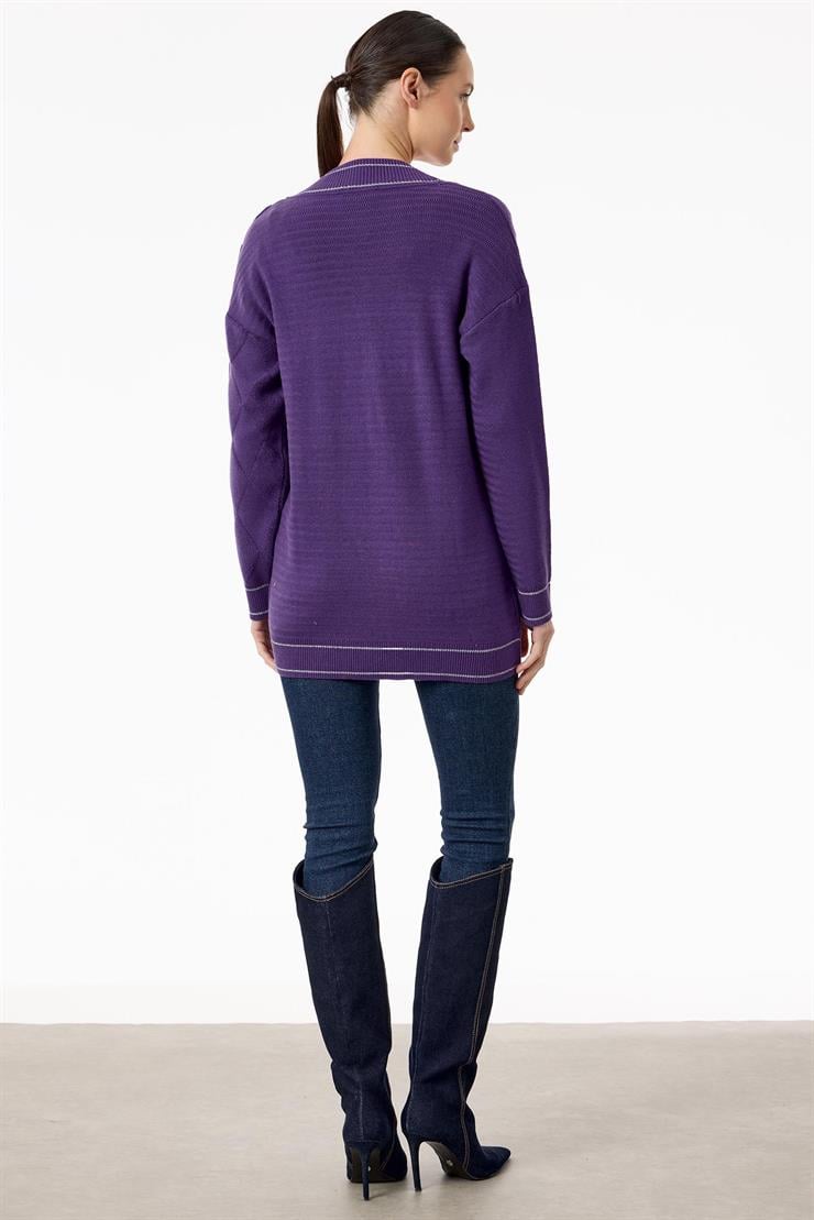 Baklava Deseni Havlu Örgülü Triko Hırka MOR