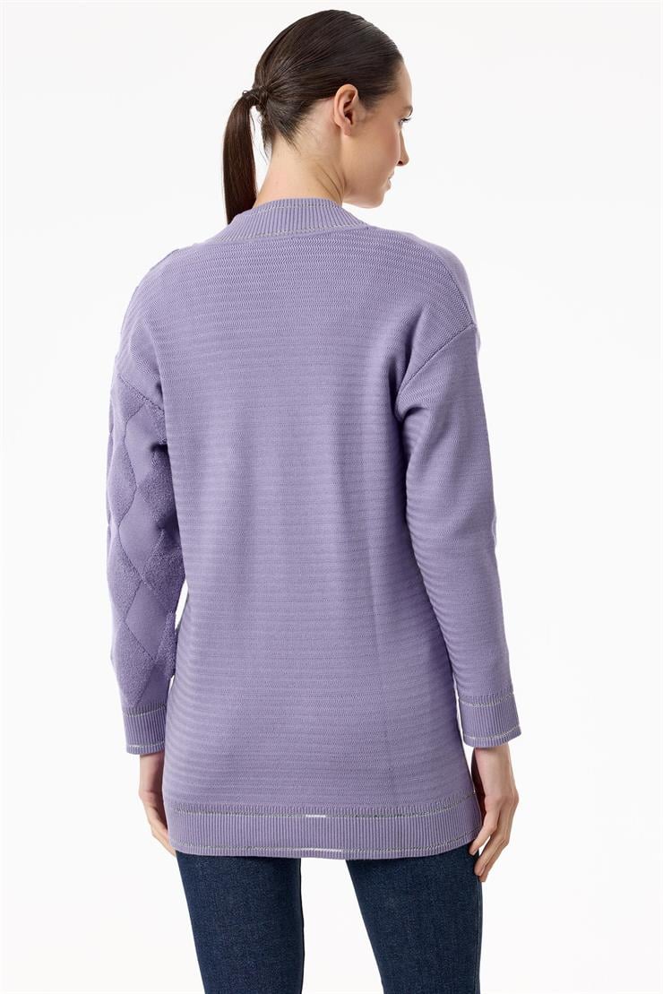 Baklava Deseni Havlu Örgülü Triko Hırka LİLA