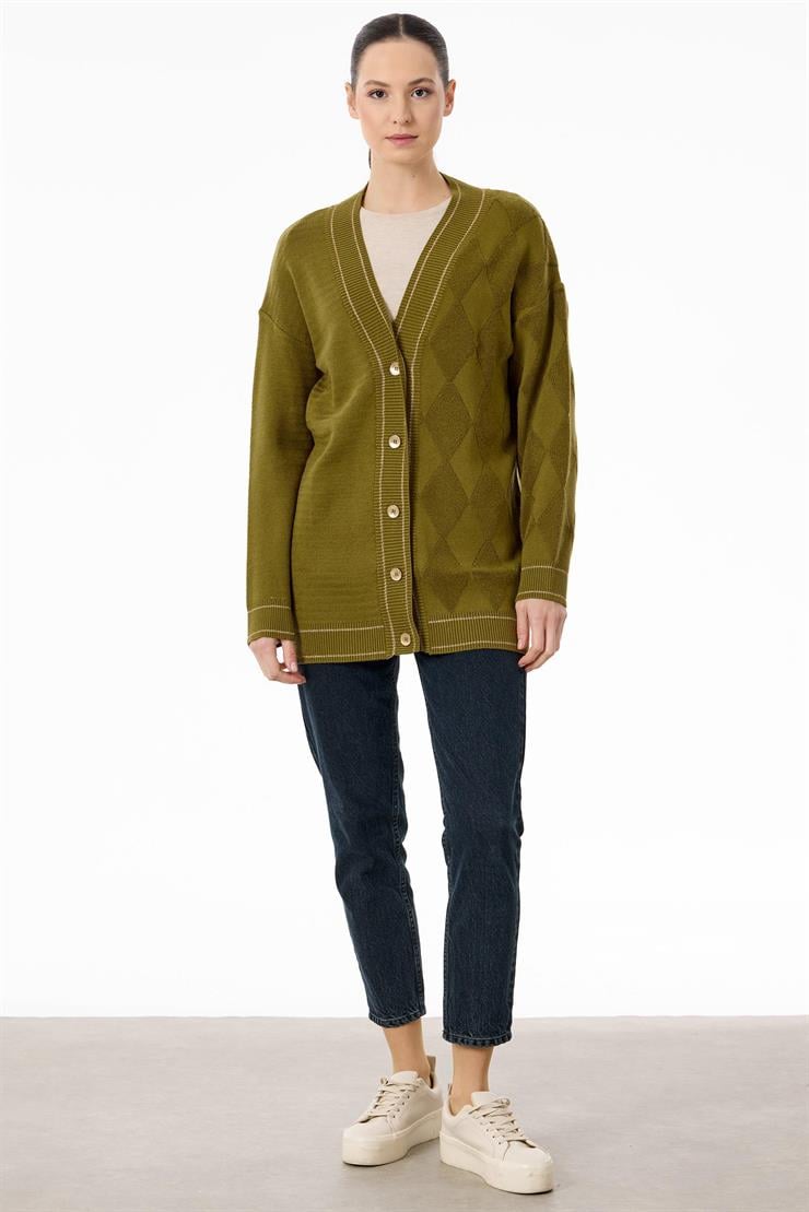 Baklava Deseni Havlu Örgülü Triko Hırka OLİVE