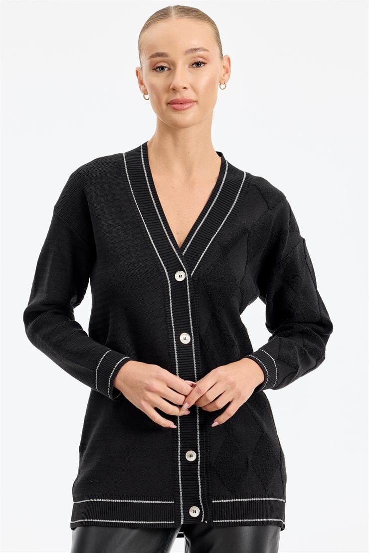 Baklava Deseni Havlu Örgülü Triko Hırka SİYAH