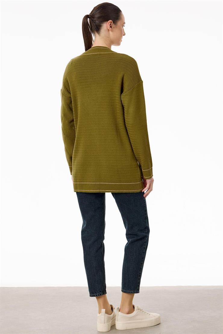 Baklava Deseni Havlu Örgülü Triko Hırka OLİVE