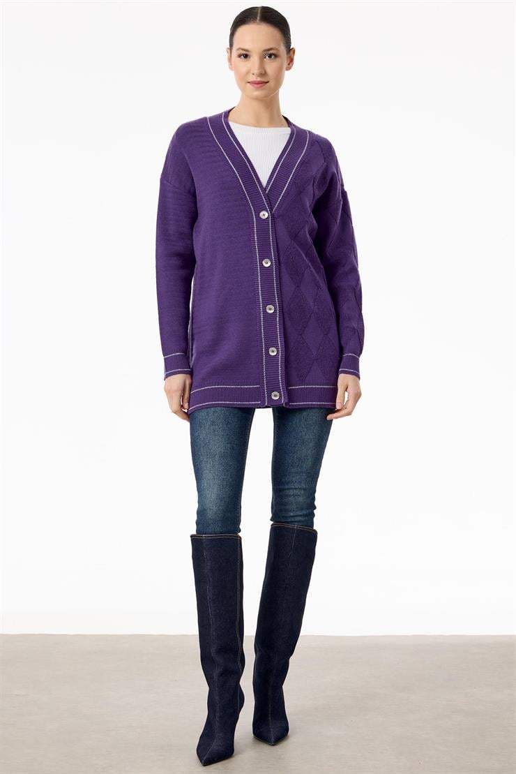 Baklava Deseni Havlu Örgülü Triko Hırka MOR