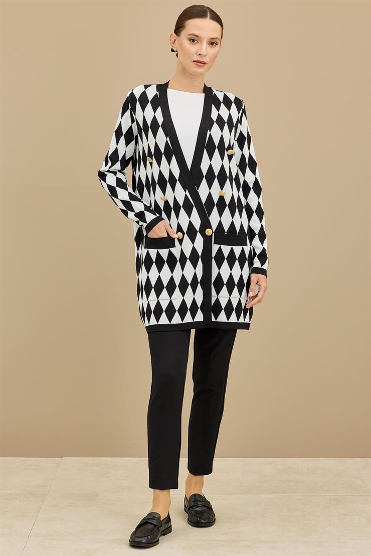 Baklava Desenli Kruvaze Ceket SİYAH-BEYAZ
