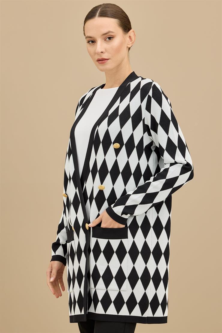 Baklava Desenli Kruvaze Ceket SİYAH-BEYAZ