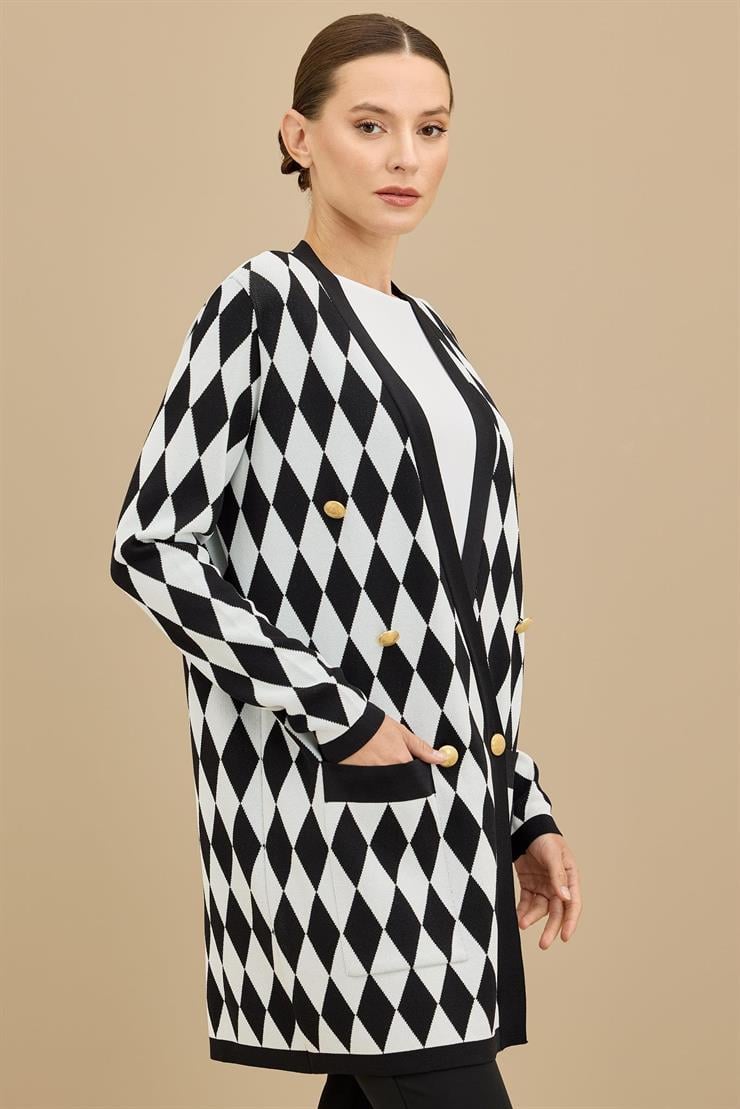 Baklava Desenli Kruvaze Ceket SİYAH-BEYAZ