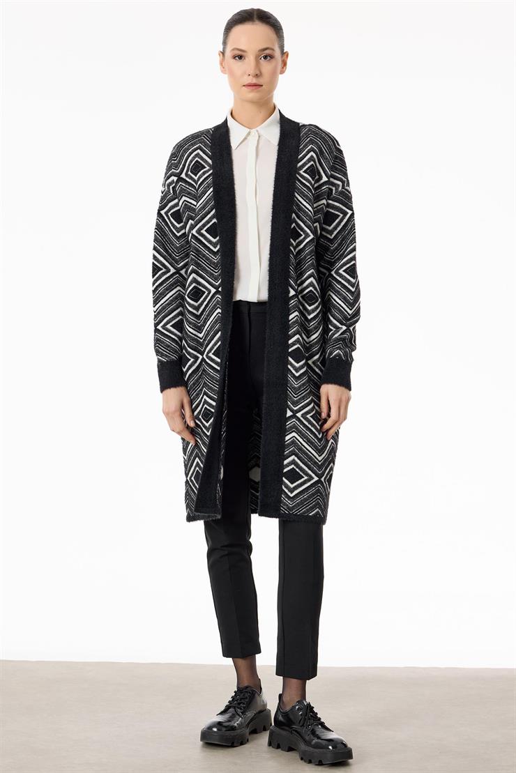 Baklava Desenli Triko Hırka SİYAH-EKRU