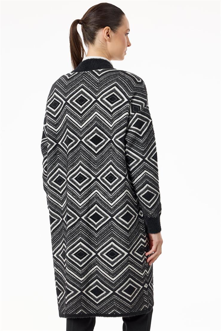 Baklava Desenli Triko Hırka SİYAH-EKRU