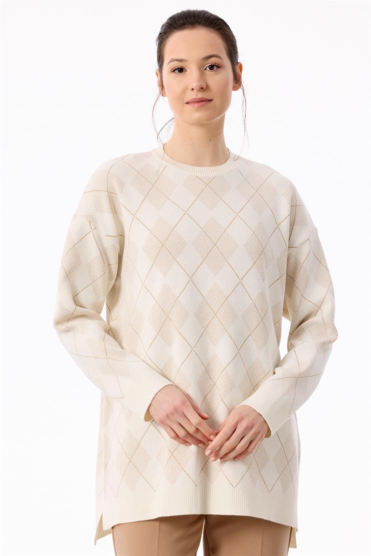 Baklava Desenli Triko Tunik EKRU