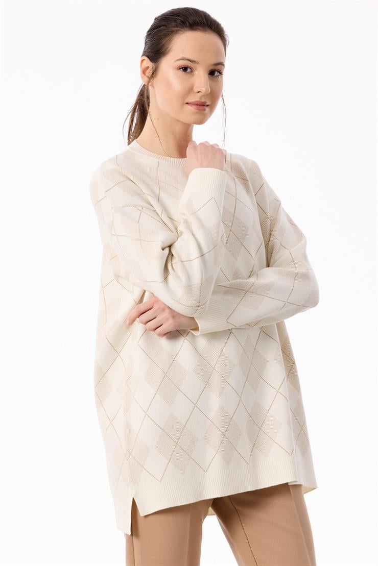 Baklava Desenli Triko Tunik EKRU