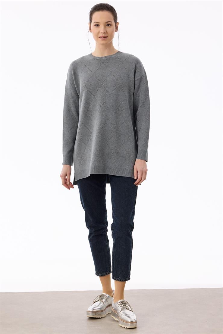 Baklava Desenli Triko Tunik GRİ MELANJ