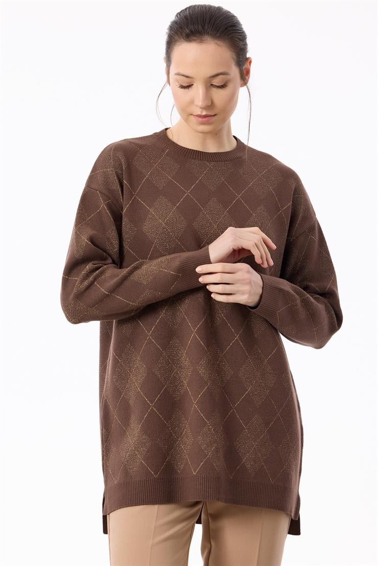 Baklava Desenli Triko Tunik KAHVE