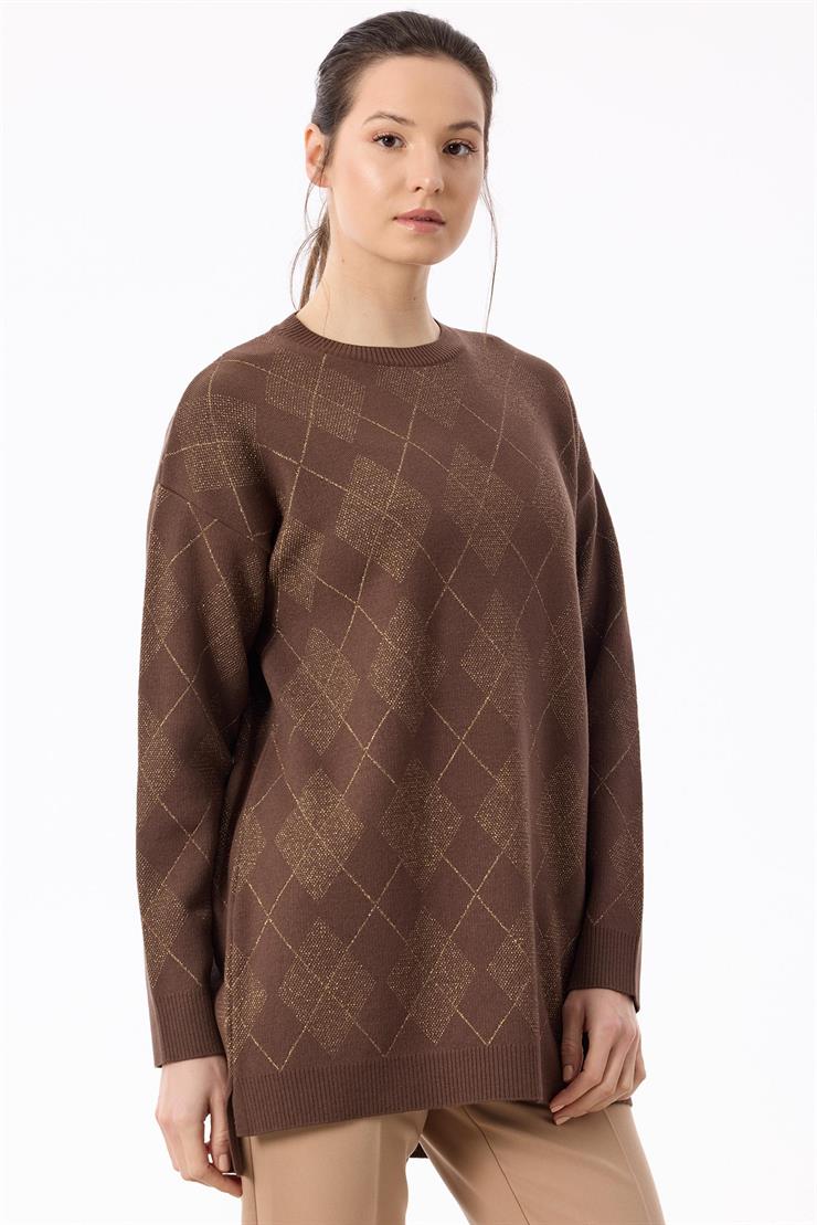 Baklava Desenli Triko Tunik KAHVE