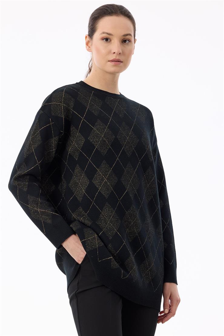 Baklava Desenli Triko Tunik SİYAH