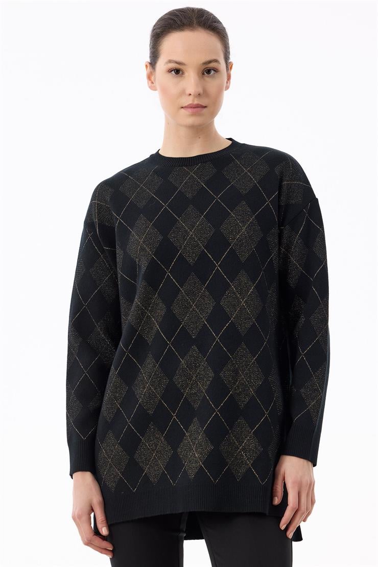 Baklava Desenli Triko Tunik SİYAH