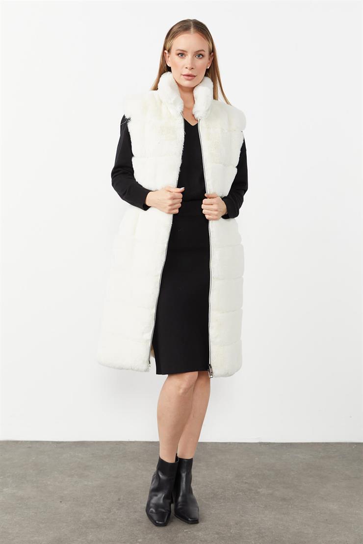 Beli Büzgülü Peluş Yelek-EKRU