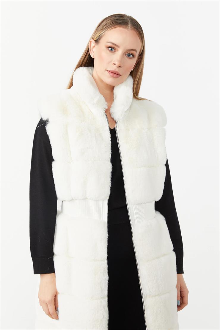 Beli Büzgülü Peluş Yelek-EKRU