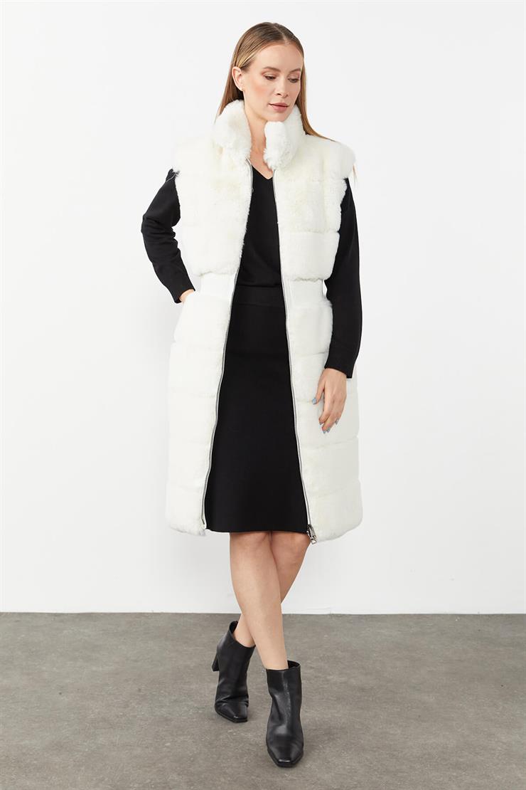 Beli Büzgülü Peluş Yelek-EKRU