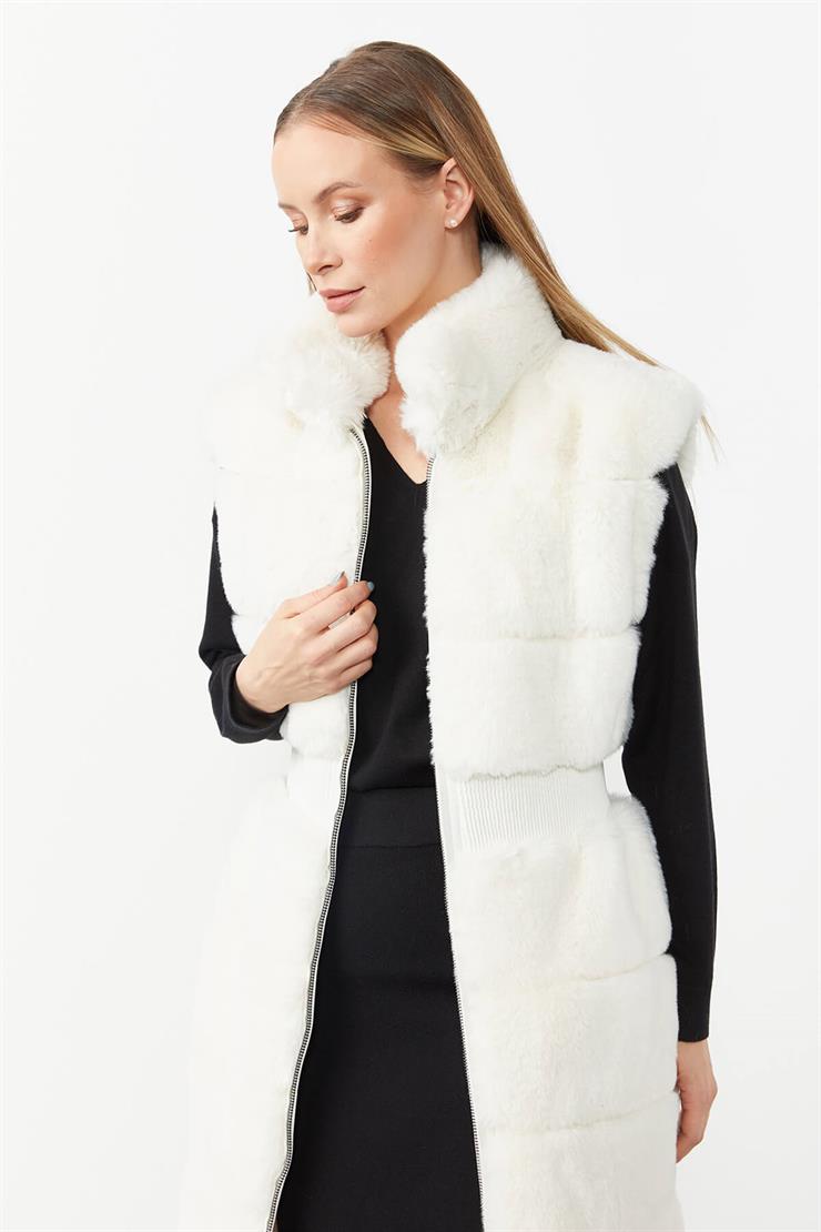 Beli Büzgülü Peluş Yelek-EKRU