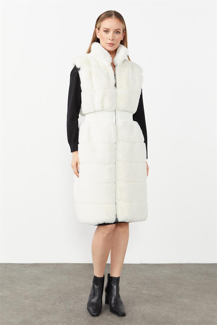 Beli Büzgülü Peluş Yelek-EKRU