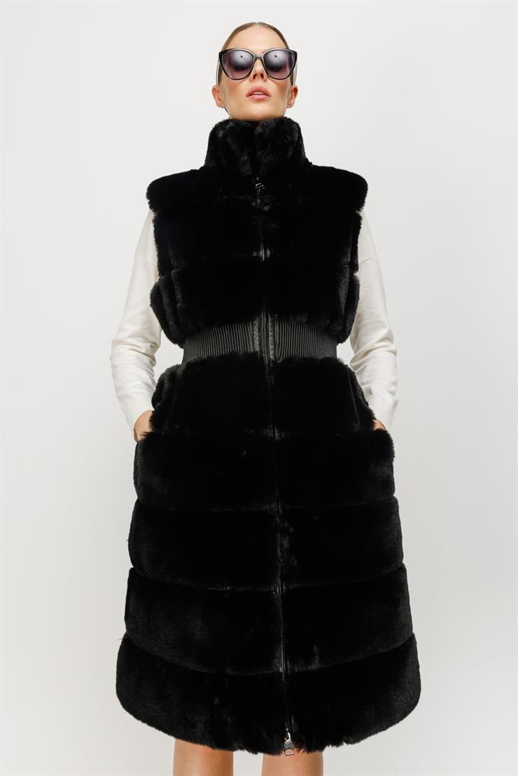 Beli Büzgülü Peluş Yelek-SİYAH