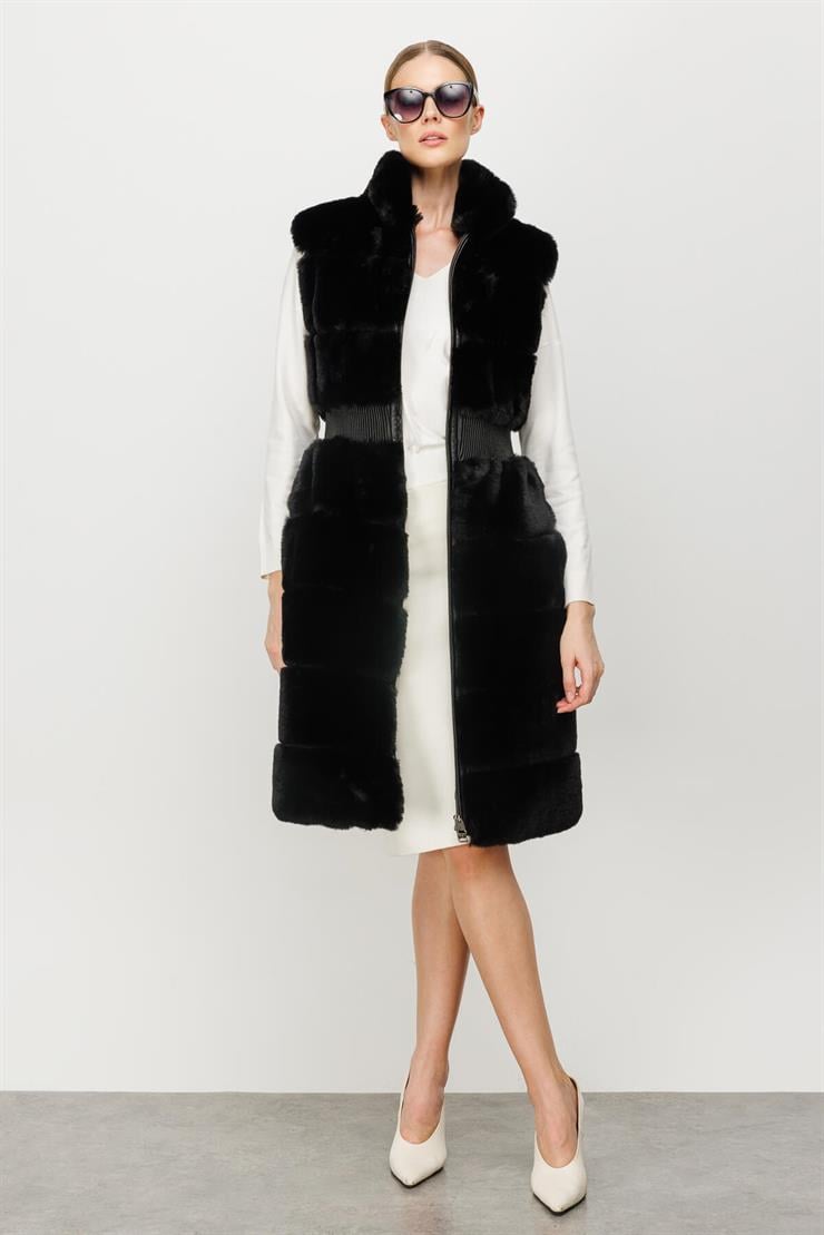 Beli Büzgülü Peluş Yelek-SİYAH