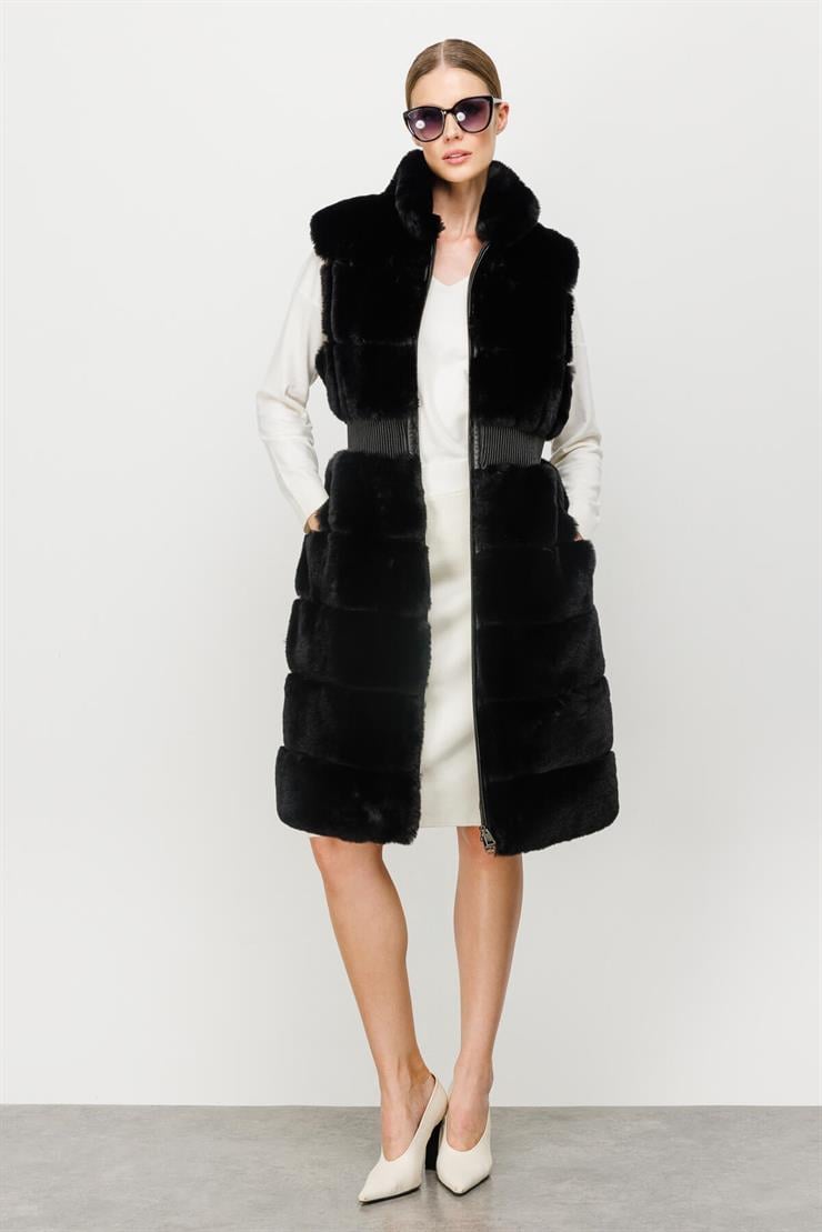 Beli Büzgülü Peluş Yelek-SİYAH