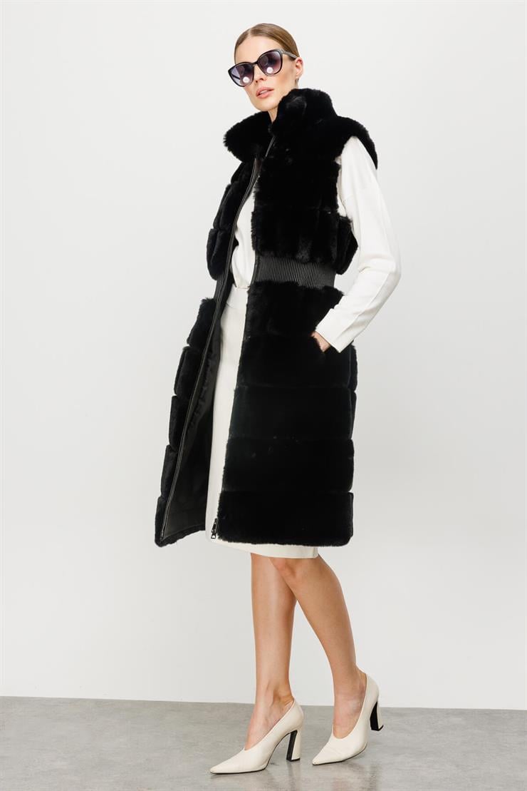 Beli Büzgülü Peluş Yelek-SİYAH