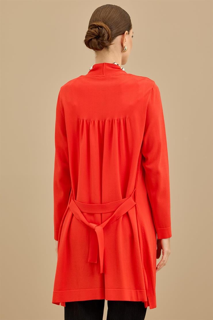 Beli Kemerli Rayon Basic  Hırka KIRMIZI