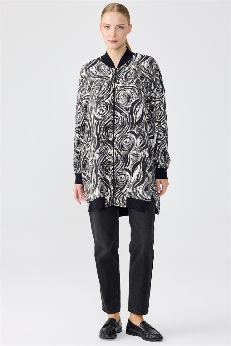 Bomber Yaka Önden Fermuarlı Hırka SİYAH