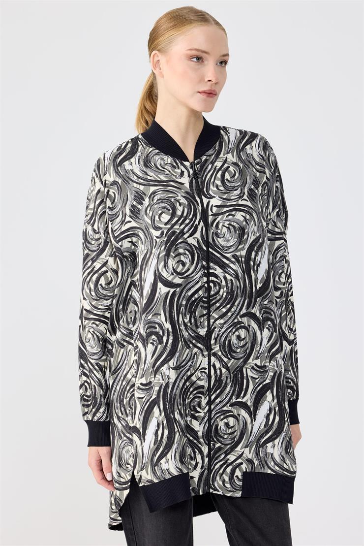 Bomber Yaka Önden Fermuarlı Hırka SİYAH