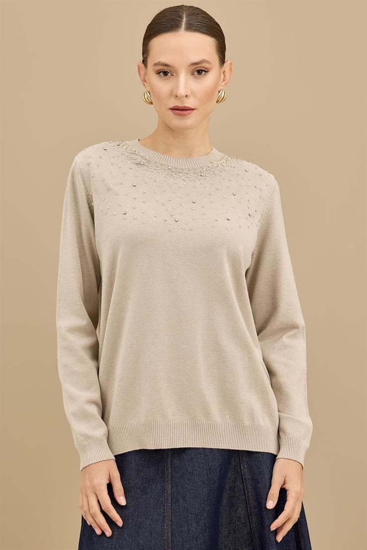 Boncuk İşlemeli Bluz BEJ