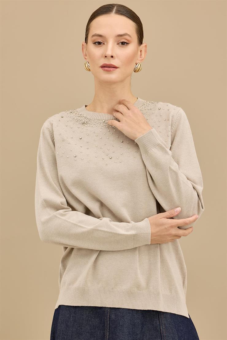 Boncuk İşlemeli Bluz BEJ