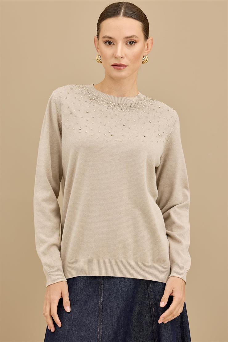 Boncuk İşlemeli Bluz BEJ