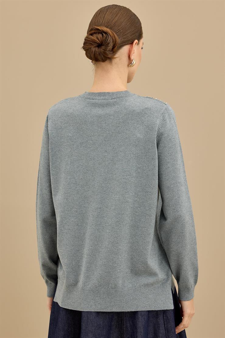 Boncuk İşlemeli Bluz GRİ MELANJ